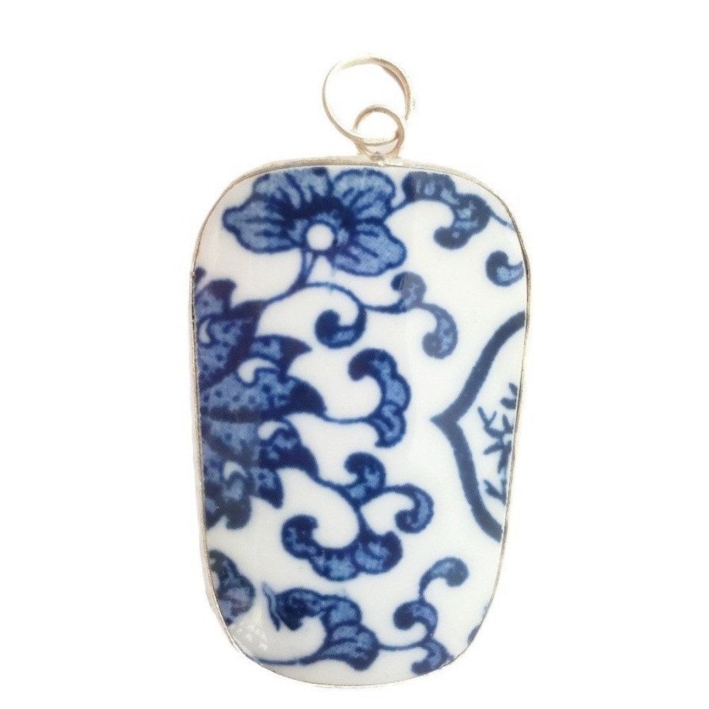 Vintage Ming Blue & White Porcelain Pendant - Floral Ceramic Ginger Jar Shard